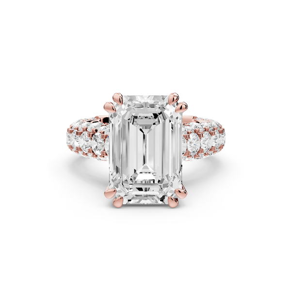 Clarissa - 5ct 14k rose gold emerald Diamond double talon prongs with a diamond bridge rollover pave cathedral engagment ring
