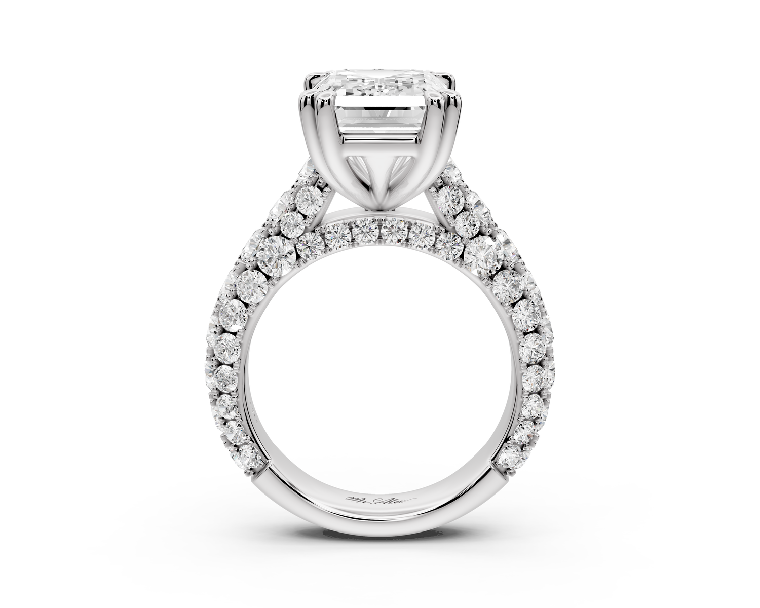 Clarissa - 5ct 14k white gold emerald Diamond double talon prongs with a diamond bridge rollover pave cathedral engagment ring
