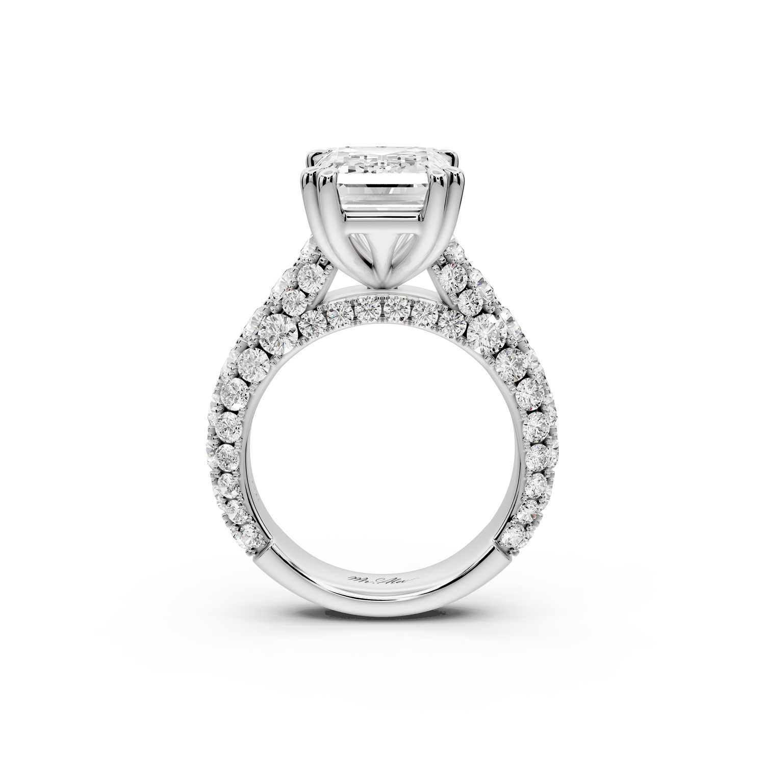 Clarissa - 5ct 14k white gold emerald Diamond double talon prongs with a diamond bridge rollover pave cathedral engagment ring
