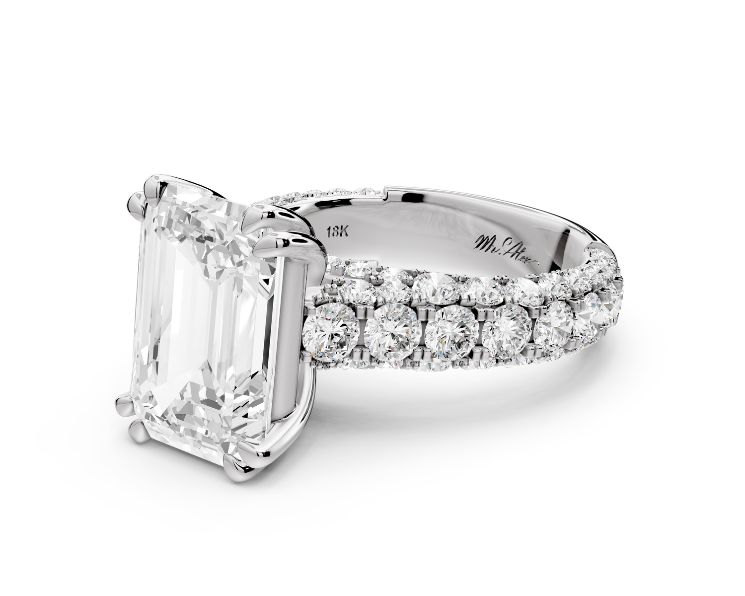 Clarissa - 5ct 14k white gold emerald Diamond double talon prongs with a diamond bridge rollover pave cathedral engagment ring