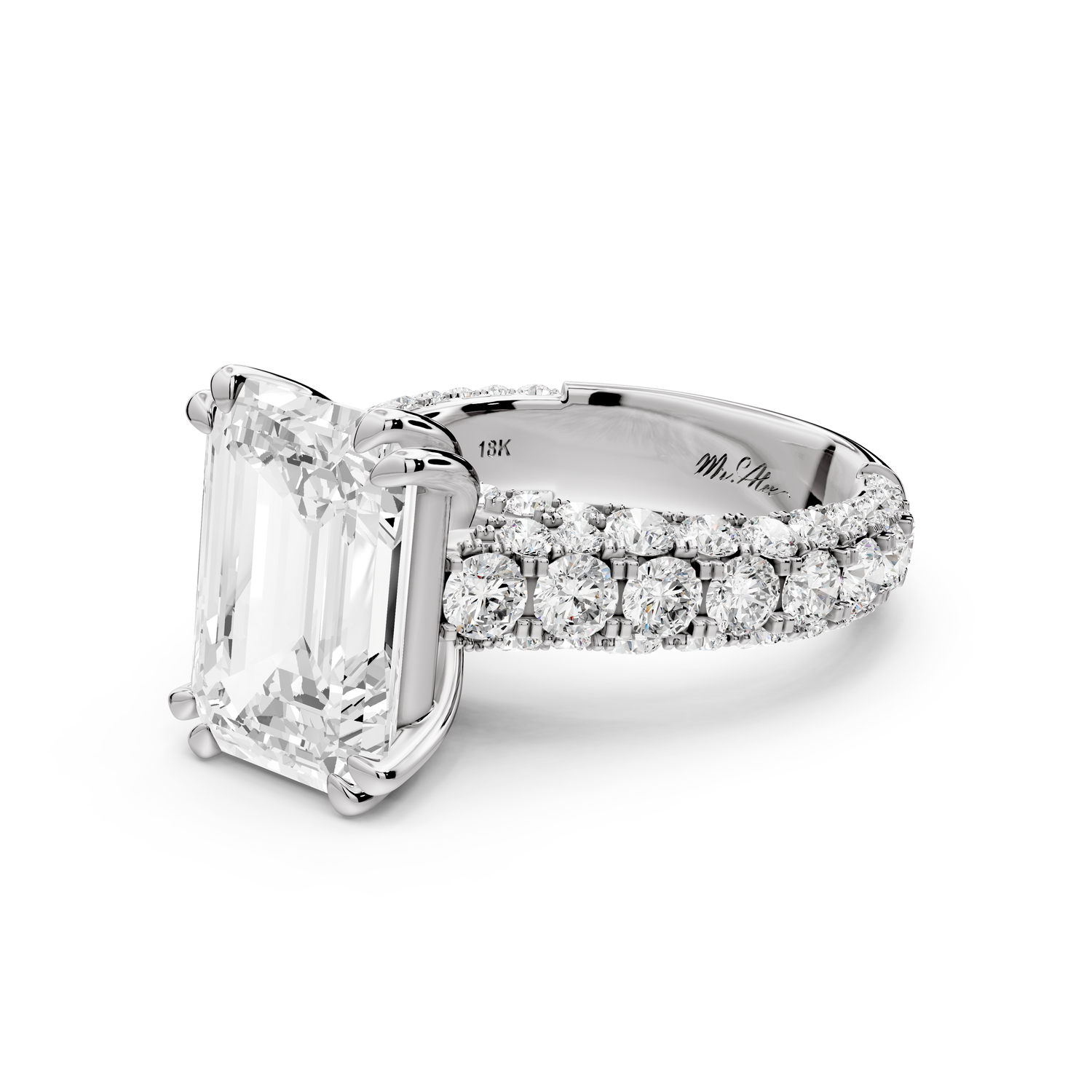 Clarissa - 5ct 14k white gold emerald Diamond double talon prongs with a diamond bridge rollover pave cathedral engagment ring