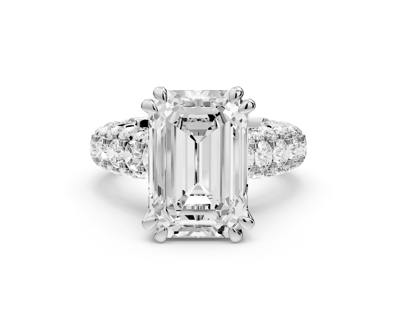 Clarissa - 5ct 14k white gold emerald Diamond double talon prongs with a diamond bridge rollover pave cathedral engagment ring