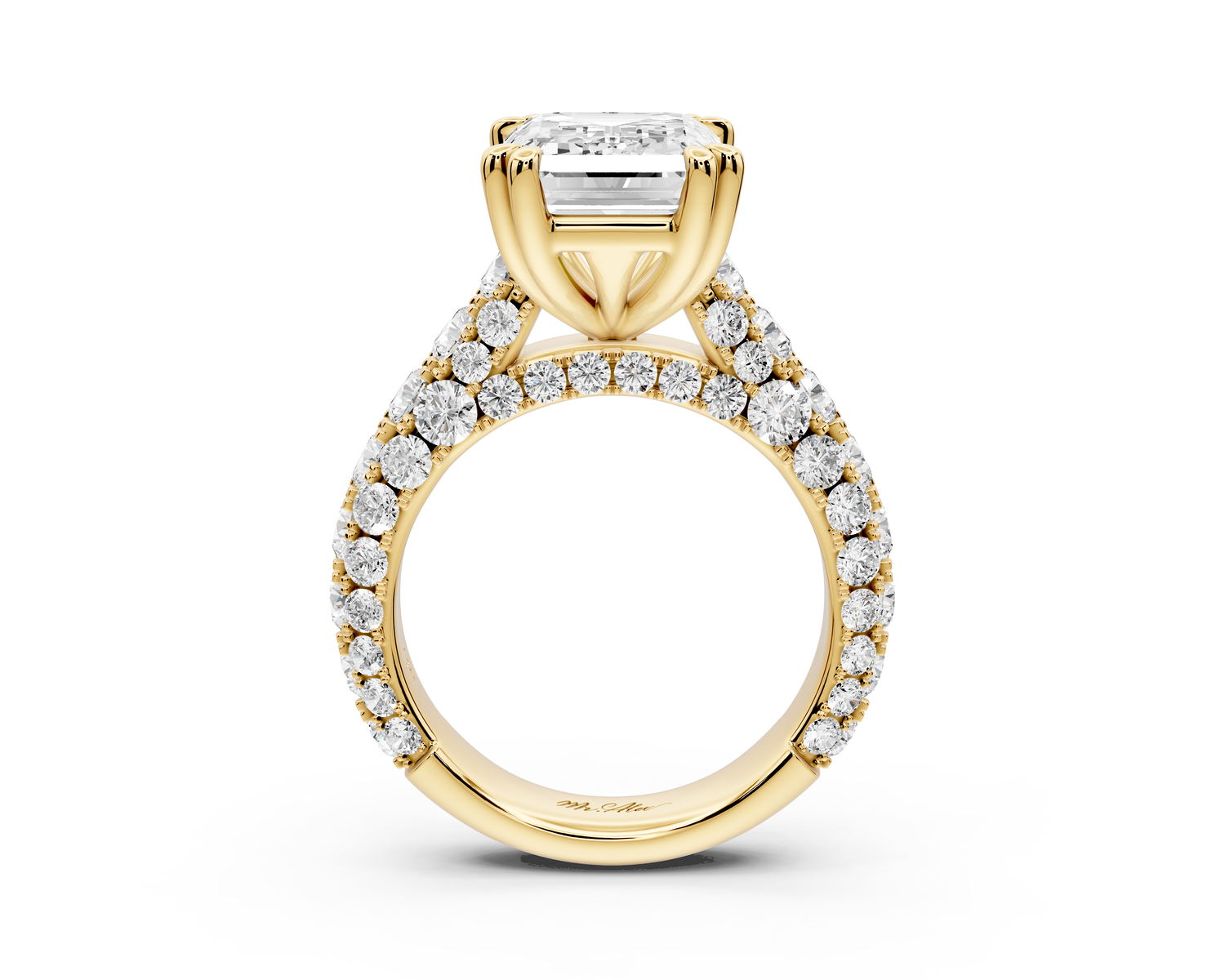 Clarissa - 5ct 14k yellow gold emerald Diamond double talon prongs with a diamond bridge rollover pave cathedral engagment ring