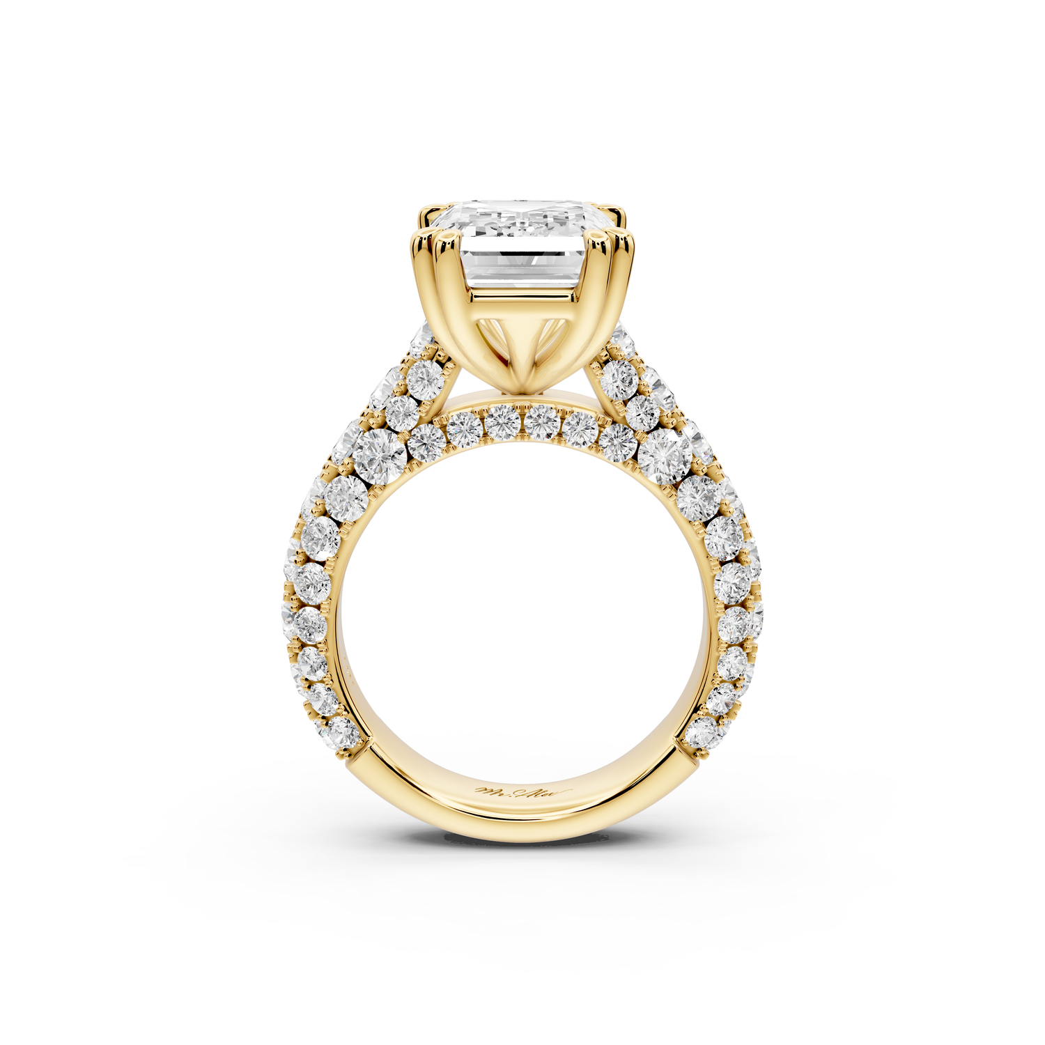 Clarissa - 5ct 14k yellow gold emerald Diamond double talon prongs with a diamond bridge rollover pave cathedral engagment ring