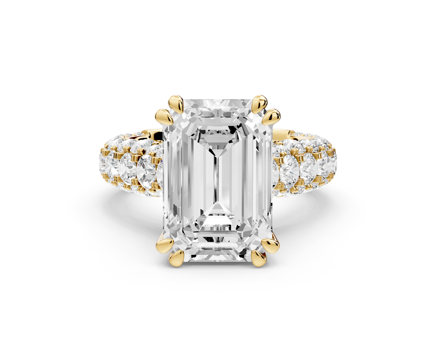 Clarissa - 5ct 14k yellow gold emerald Diamond double talon prongs with a diamond bridge rollover pave cathedral engagment ring