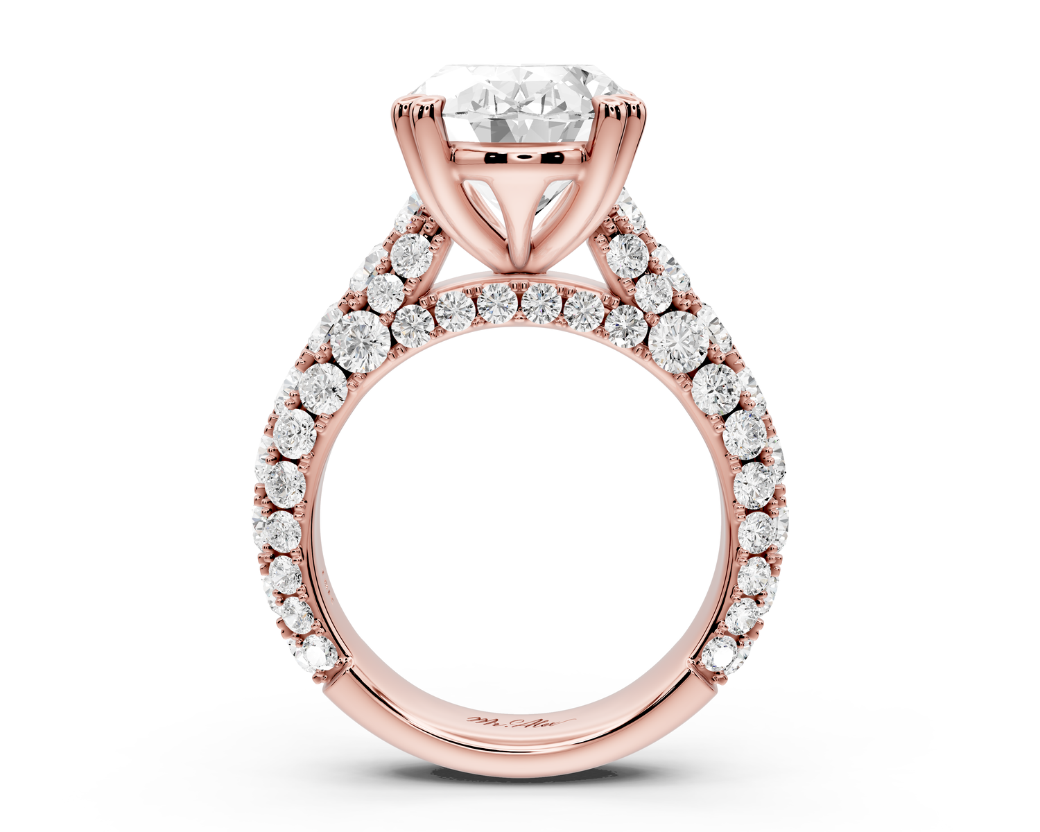 Clarissa - 5ct 14k rose gold oval Diamond double talon prongs with a diamond bridge rollover pave cathedral engagment ring