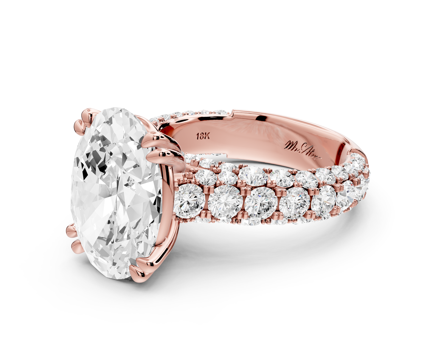 Clarissa - 5ct 14k rose gold oval Diamond double talon prongs with a diamond bridge rollover pave cathedral engagment ring