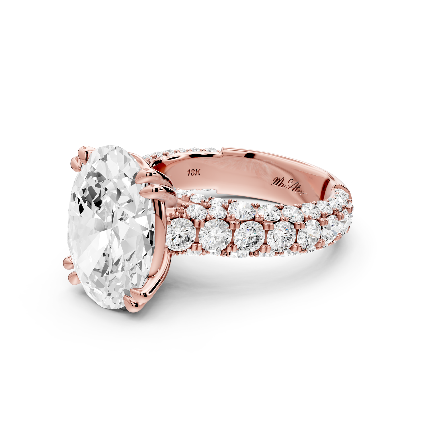 Clarissa - 5ct 14k rose gold oval Diamond double talon prongs with a diamond bridge rollover pave cathedral engagment ring