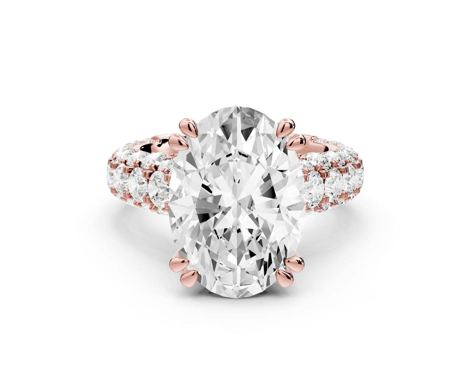 Clarissa - 5ct 14k rose gold oval Diamond double talon prongs with a diamond bridge rollover pave cathedral engagment ring