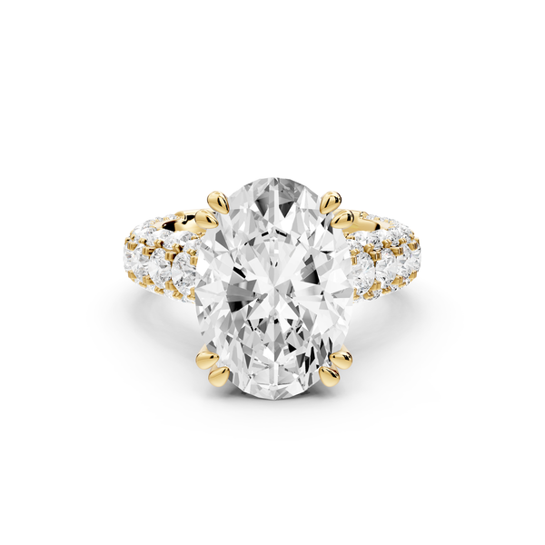 Clarissa - 5ct 14k yellow gold oval Diamond double talon prongs with a diamond bridge rollover pave cathedral engagment ring