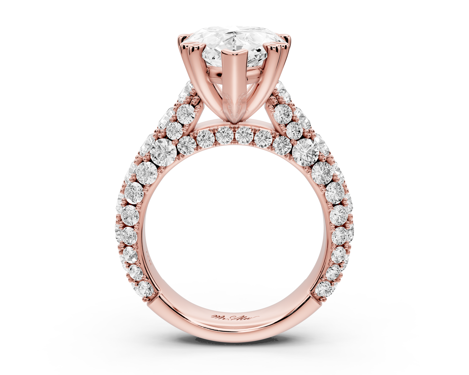 Clarissa - 5ct 14k rose gold pear Diamond double talon prongs with a diamond bridge rollover pave cathedral engagment ring