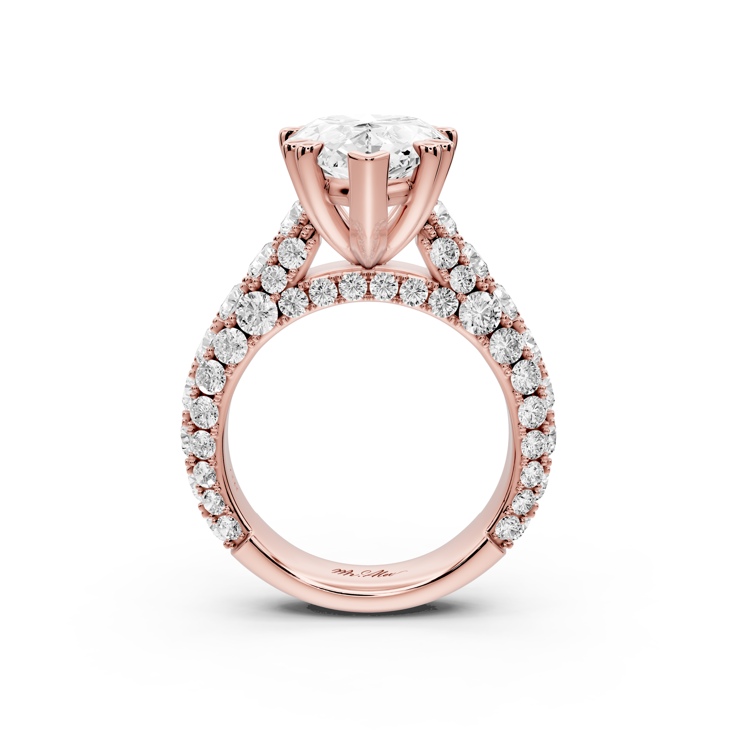 Clarissa - 5ct 14k rose gold pear Diamond double talon prongs with a diamond bridge rollover pave cathedral engagment ring