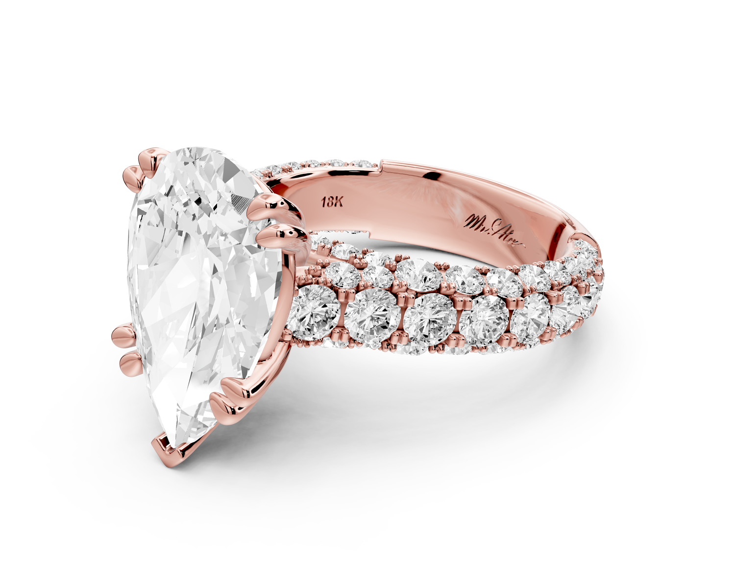 Clarissa - 5ct 14k rose gold pear Diamond double talon prongs with a diamond bridge rollover pave cathedral engagment ring