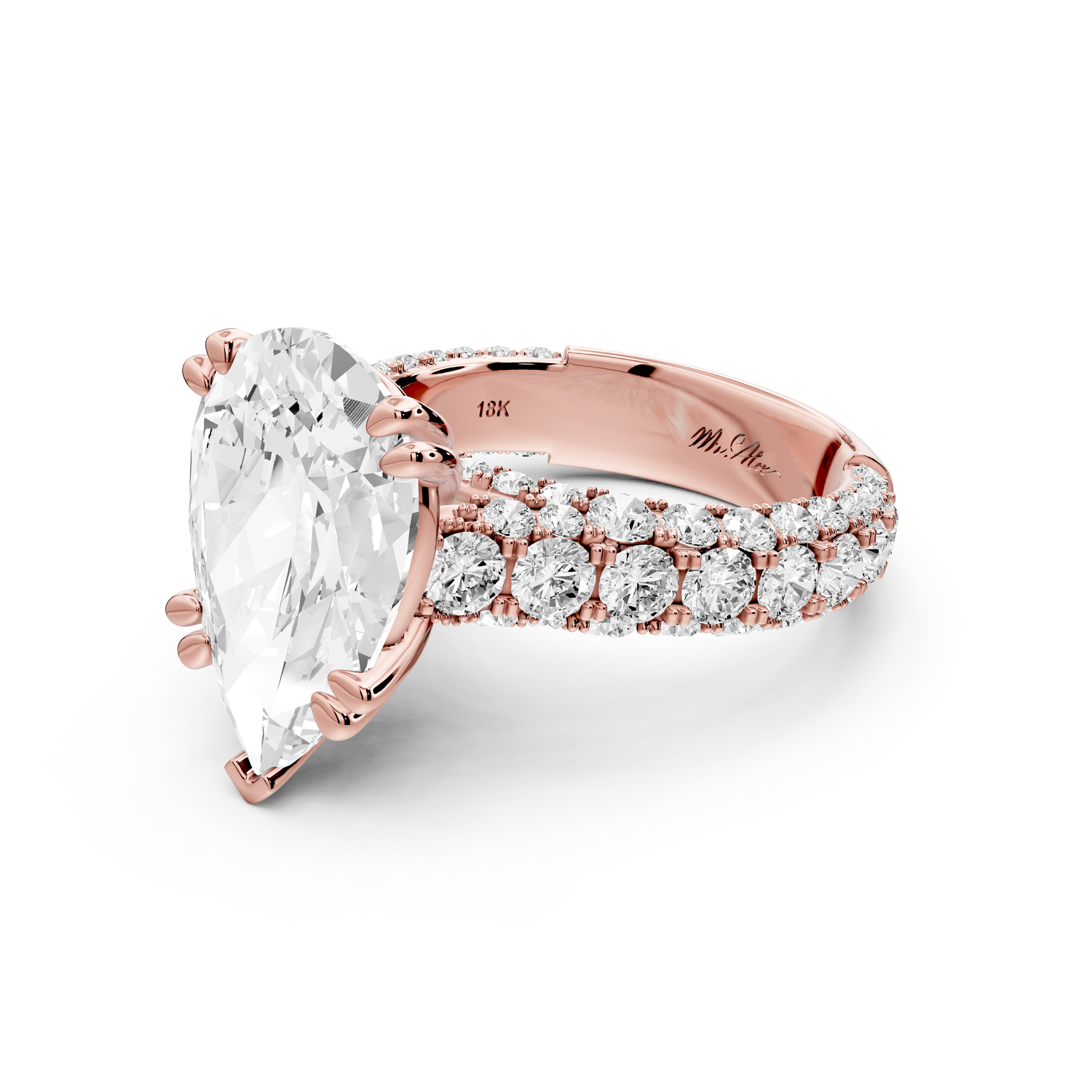 Clarissa - 5ct 14k rose gold pear Diamond double talon prongs with a diamond bridge rollover pave cathedral engagment ring