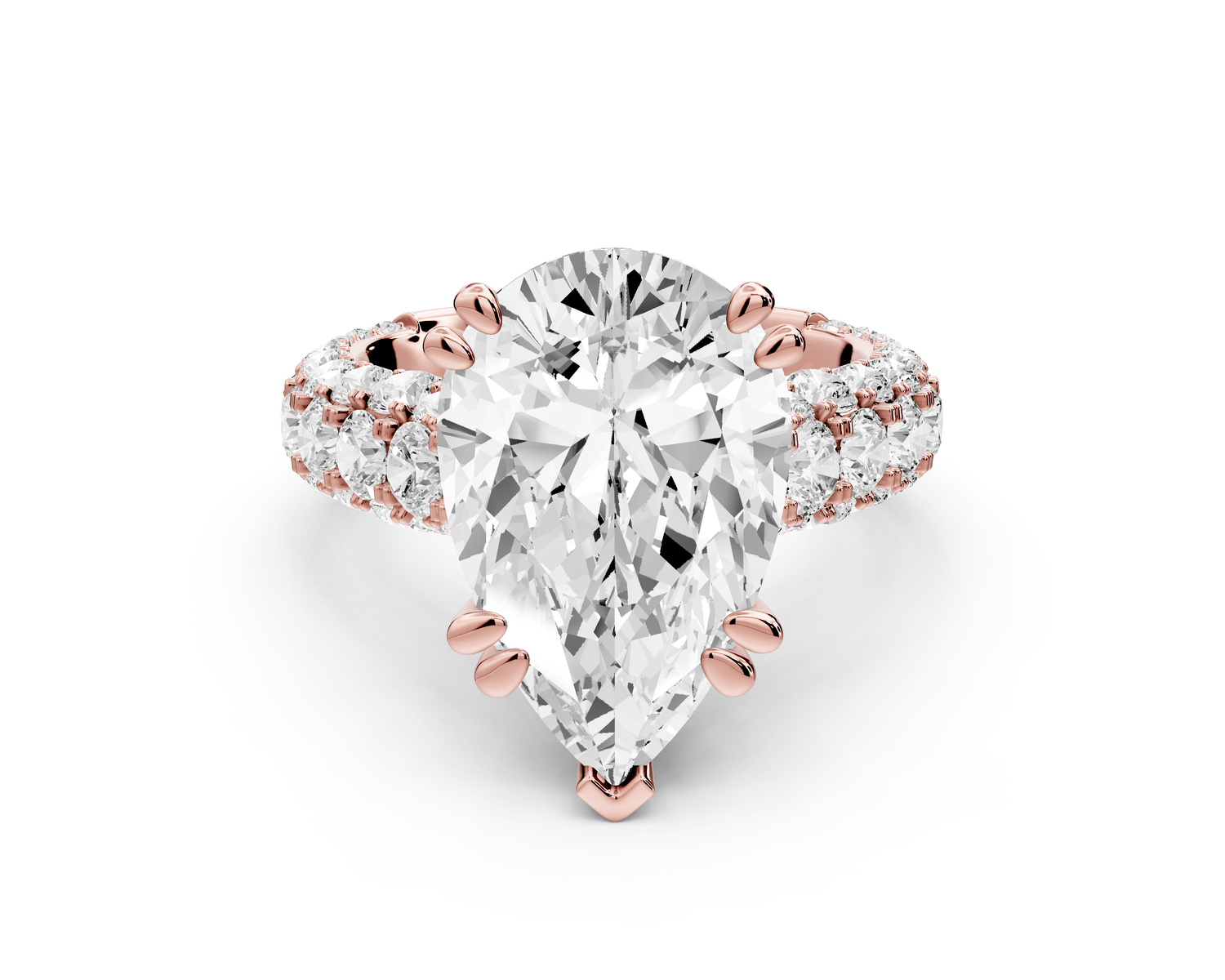 Clarissa - 5ct 14k rose gold pear Diamond double talon prongs with a diamond bridge rollover pave cathedral engagment ring