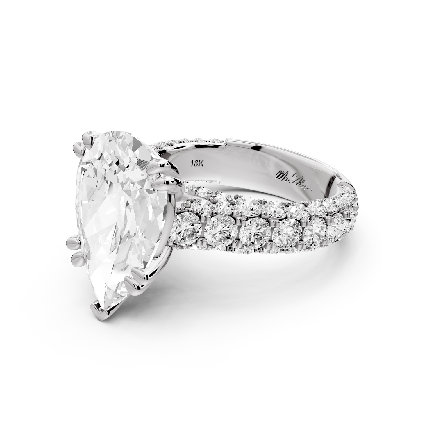 Clarissa - 5ct 14k white gold pear Diamond double talon prongs with a diamond bridge rollover pave cathedral engagment ring