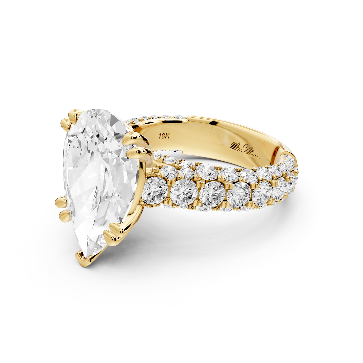 Clarissa - 5ct 14k yellow gold pear Diamond double talon prongs with a diamond bridge rollover pave cathedral engagment ring
