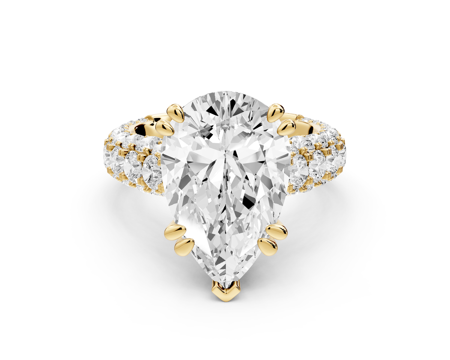 Clarissa - 5ct 14k yellow gold pear Diamond double talon prongs with a diamond bridge rollover pave cathedral engagment ring