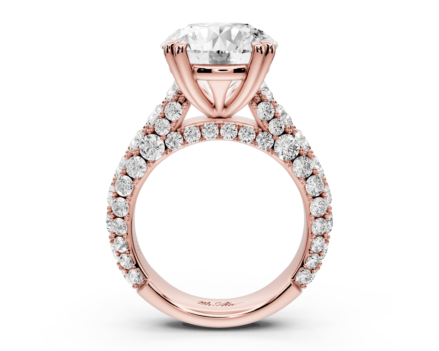 Clarissa - 5ct 14k rose gold round Diamond double talon prongs with a diamond bridge rollover pave cathedral engagment ring