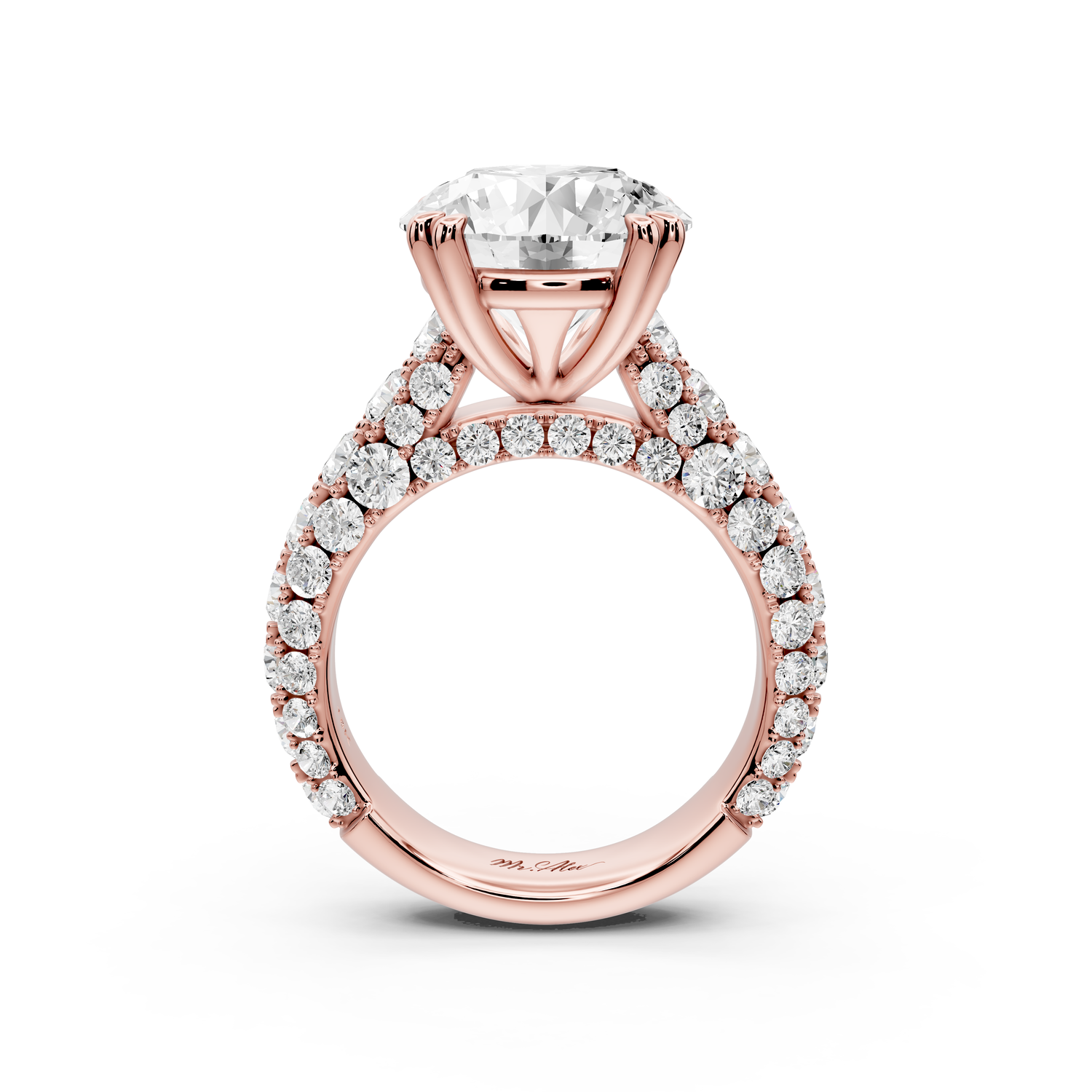 Clarissa - 5ct 14k rose gold round Diamond double talon prongs with a diamond bridge rollover pave cathedral engagment ring