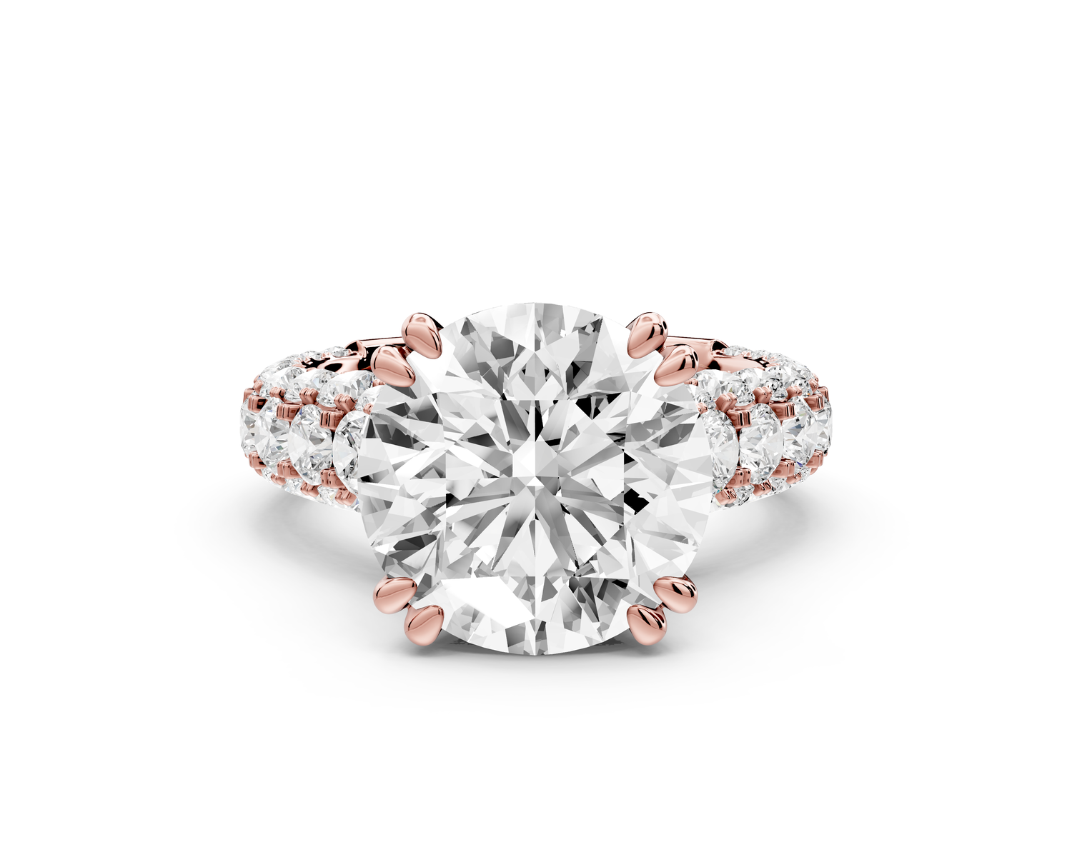 Clarissa - 5ct 14k rose gold round Diamond double talon prongs with a diamond bridge rollover pave cathedral engagment ring
