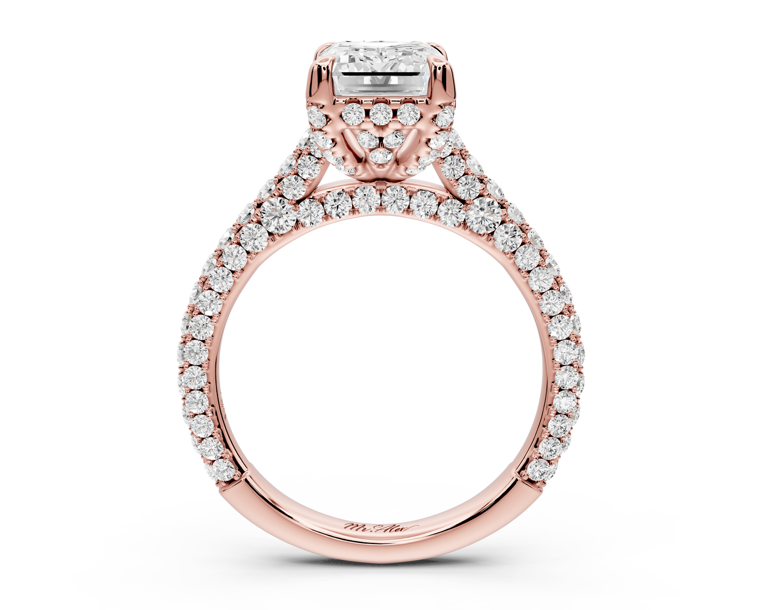 Bianca - 2ct 14k rose gold emerald Diamond hidden halo with a diamond crown and bridge rollover pave cathedral Engagement ring