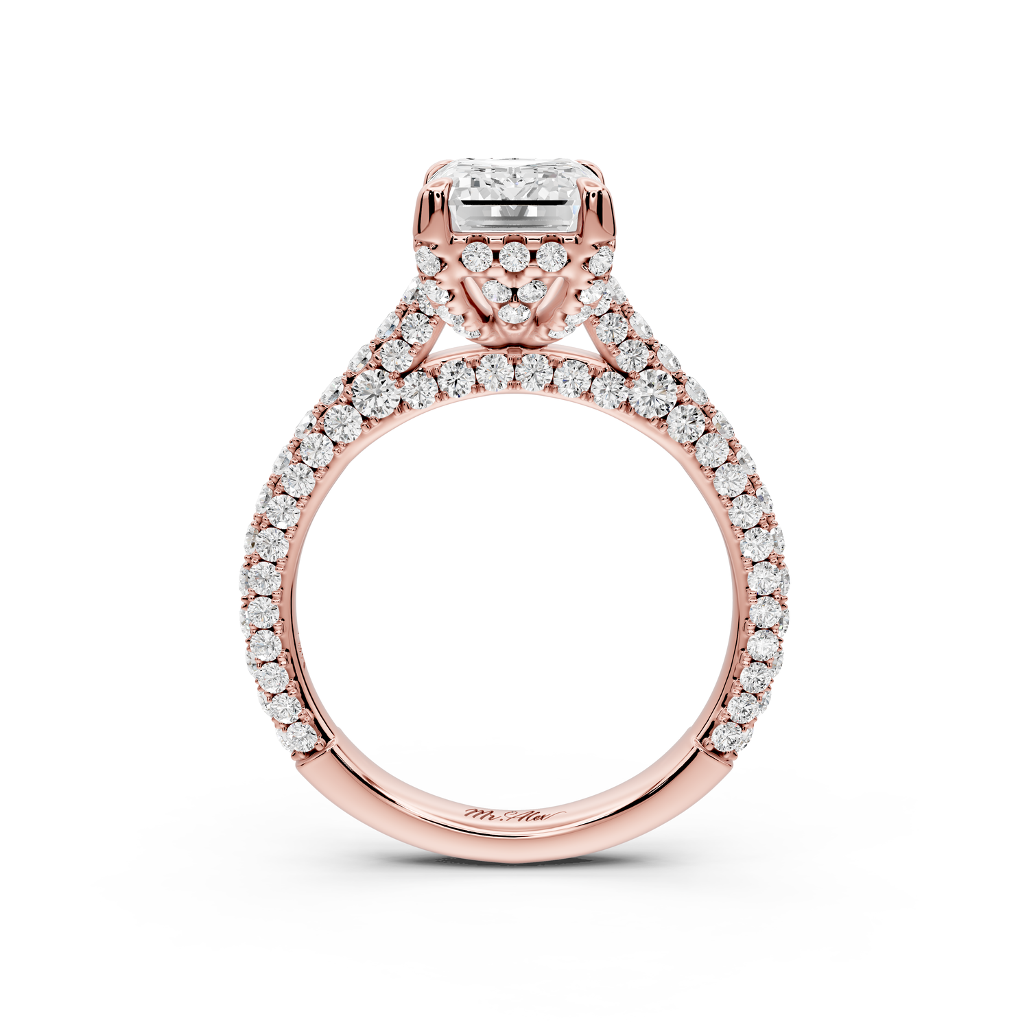 Bianca - 2ct 14k rose gold emerald Diamond hidden halo with a diamond crown and bridge rollover pave cathedral Engagement ring