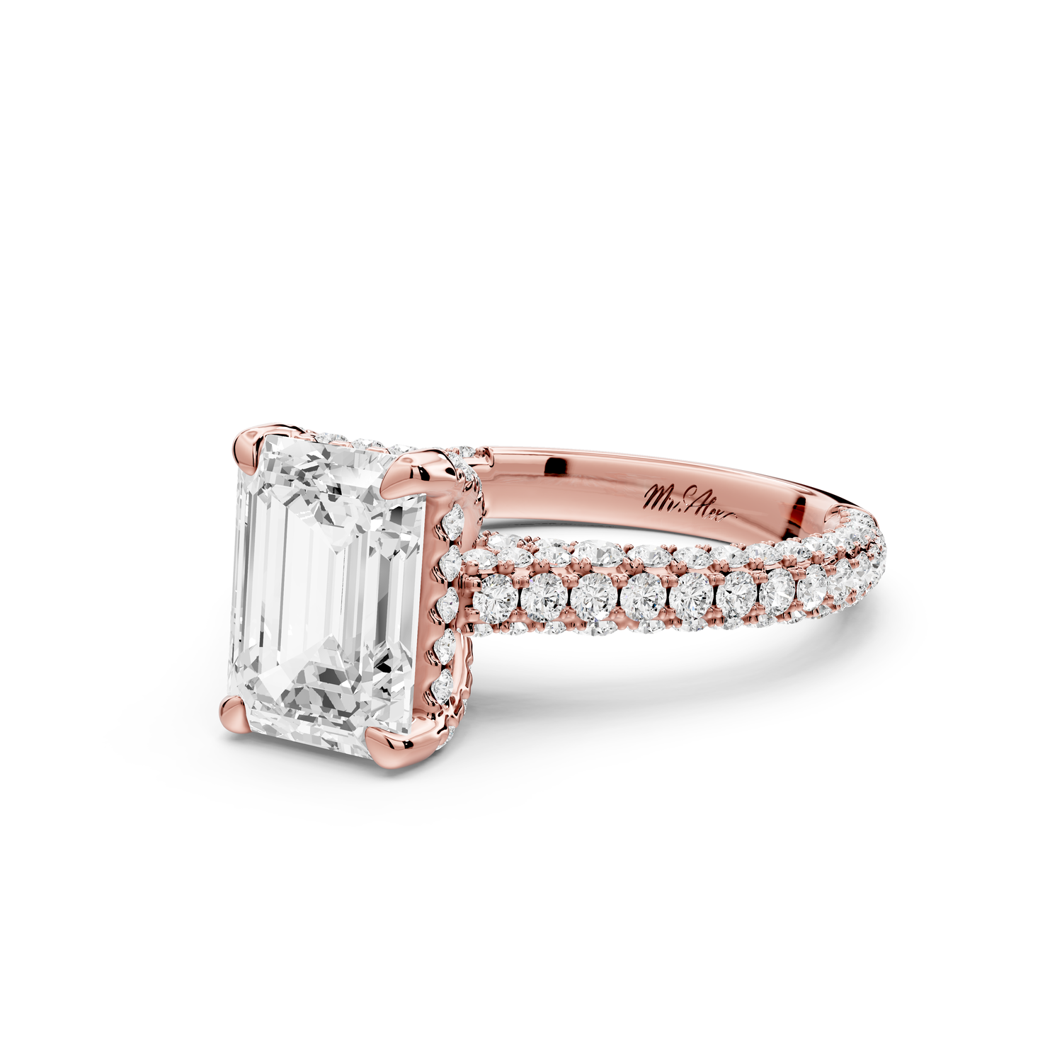 Bianca - 2ct 14k rose gold emerald Diamond hidden halo with a diamond crown and bridge rollover pave cathedral Engagement ring