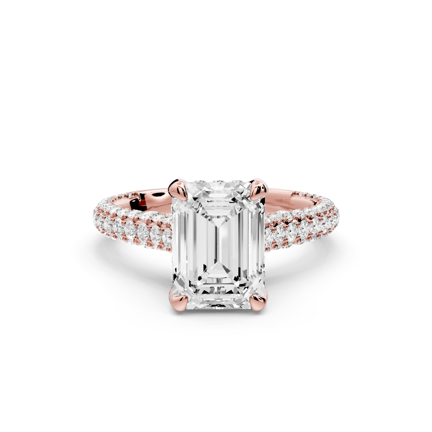 Bianca - 2ct 14k rose gold emerald Diamond hidden halo with a diamond crown and bridge rollover pave cathedral Engagement ring