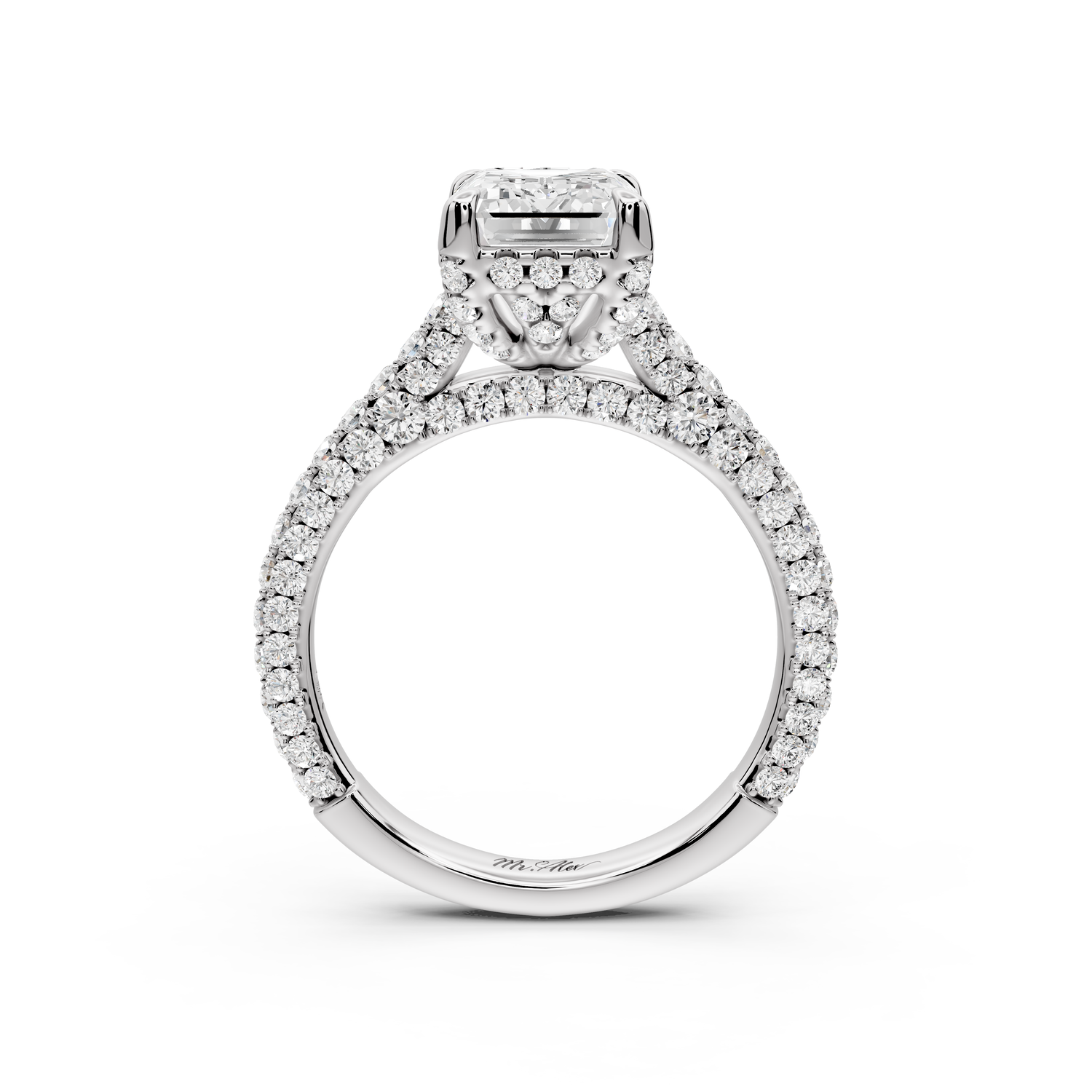 Bianca - 2ct 14k white gold emerald Diamond hidden halo with a diamond crown and bridge rollover pave cathedral Engagement ring