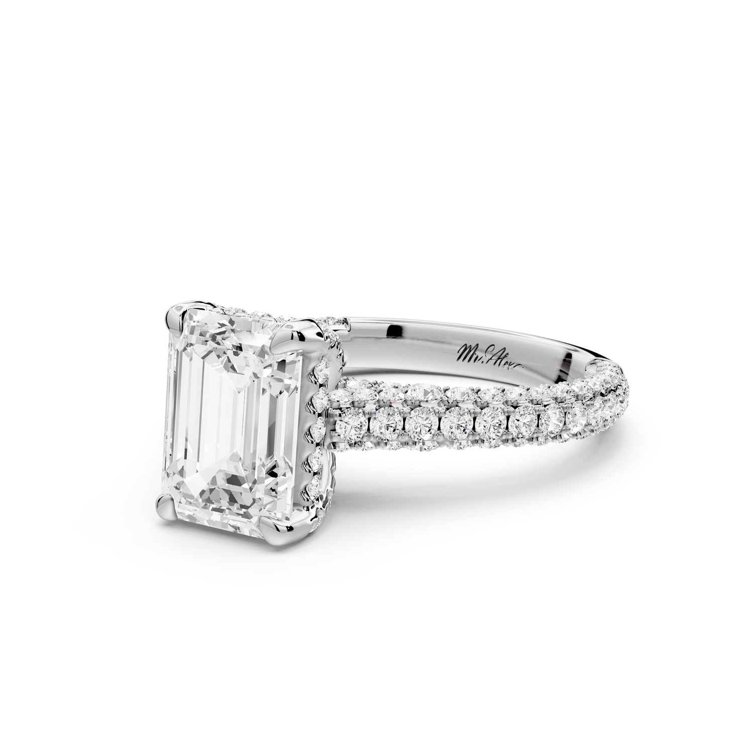Bianca - 2ct 14k white gold emerald Diamond hidden halo with a diamond crown and bridge rollover pave cathedral Engagement ring