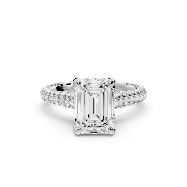 Bianca - 2ct 14k white gold emerald Diamond hidden halo with a diamond crown and bridge rollover pave cathedral Engagement ring