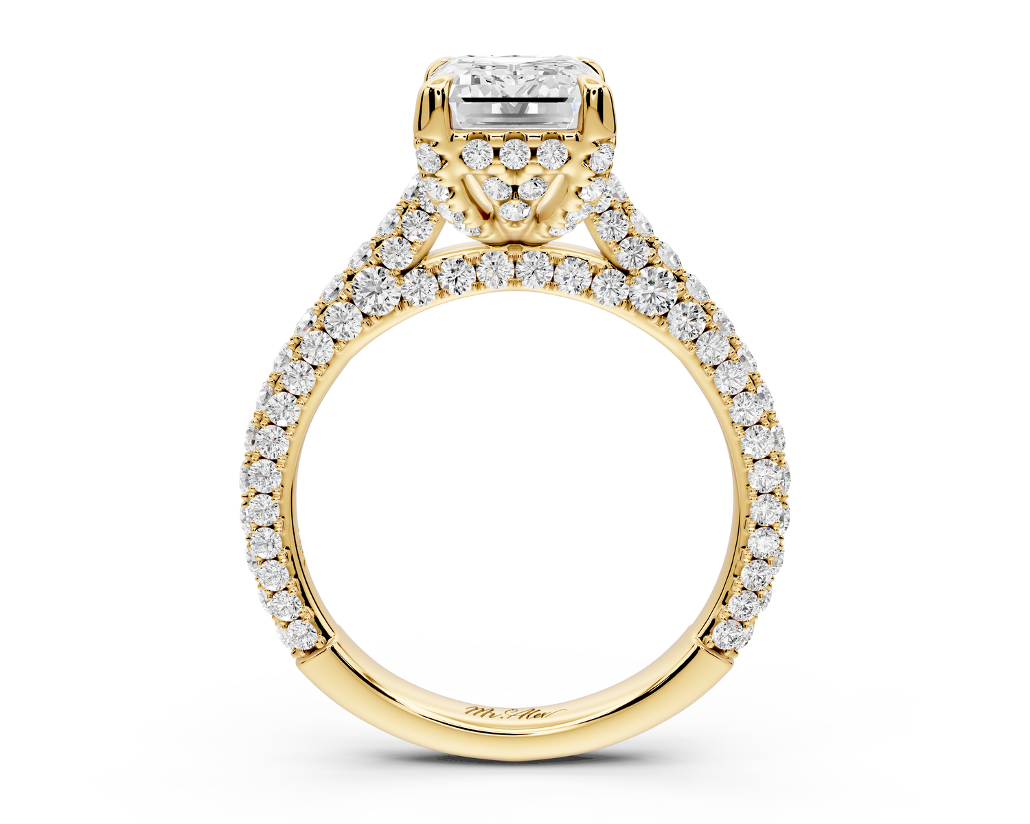 Bianca - 2ct 14k yellow gold emerald Diamond hidden halo with a diamond crown and bridge rollover pave cathedral Engagement ring