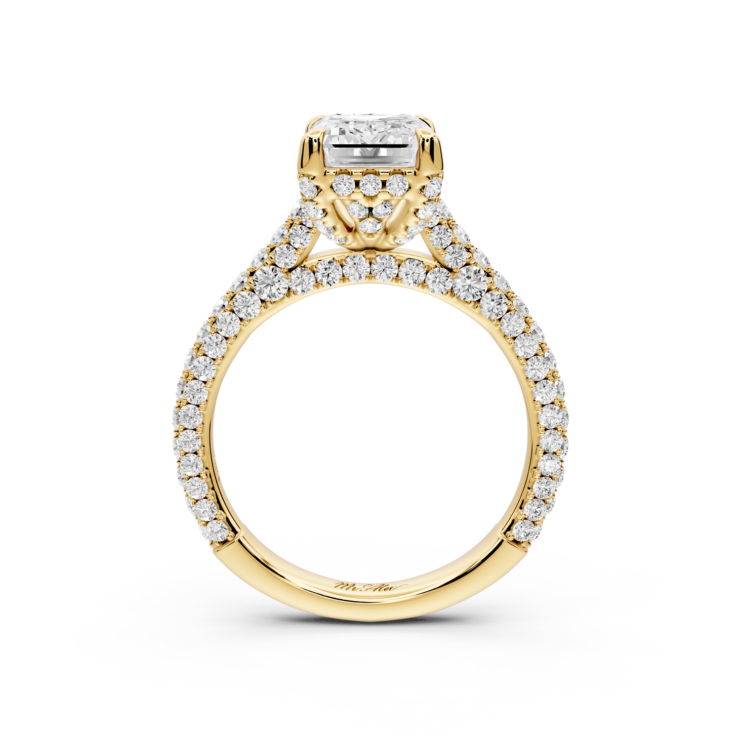 Bianca - 2ct 14k yellow gold emerald Diamond hidden halo with a diamond crown and bridge rollover pave cathedral Engagement ring