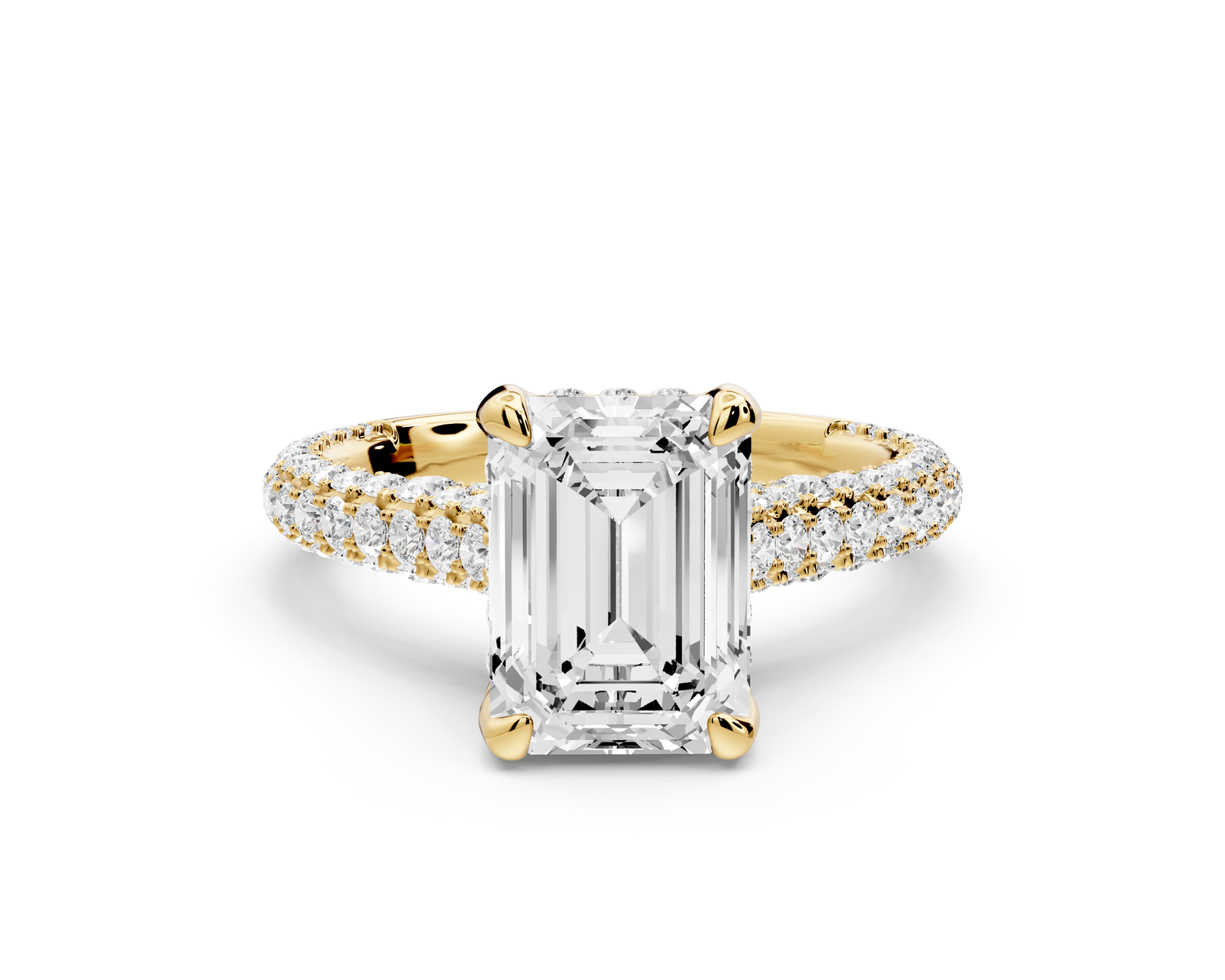 Bianca - 2ct 14k yellow gold emerald Diamond hidden halo with a diamond crown and bridge rollover pave cathedral Engagement ring