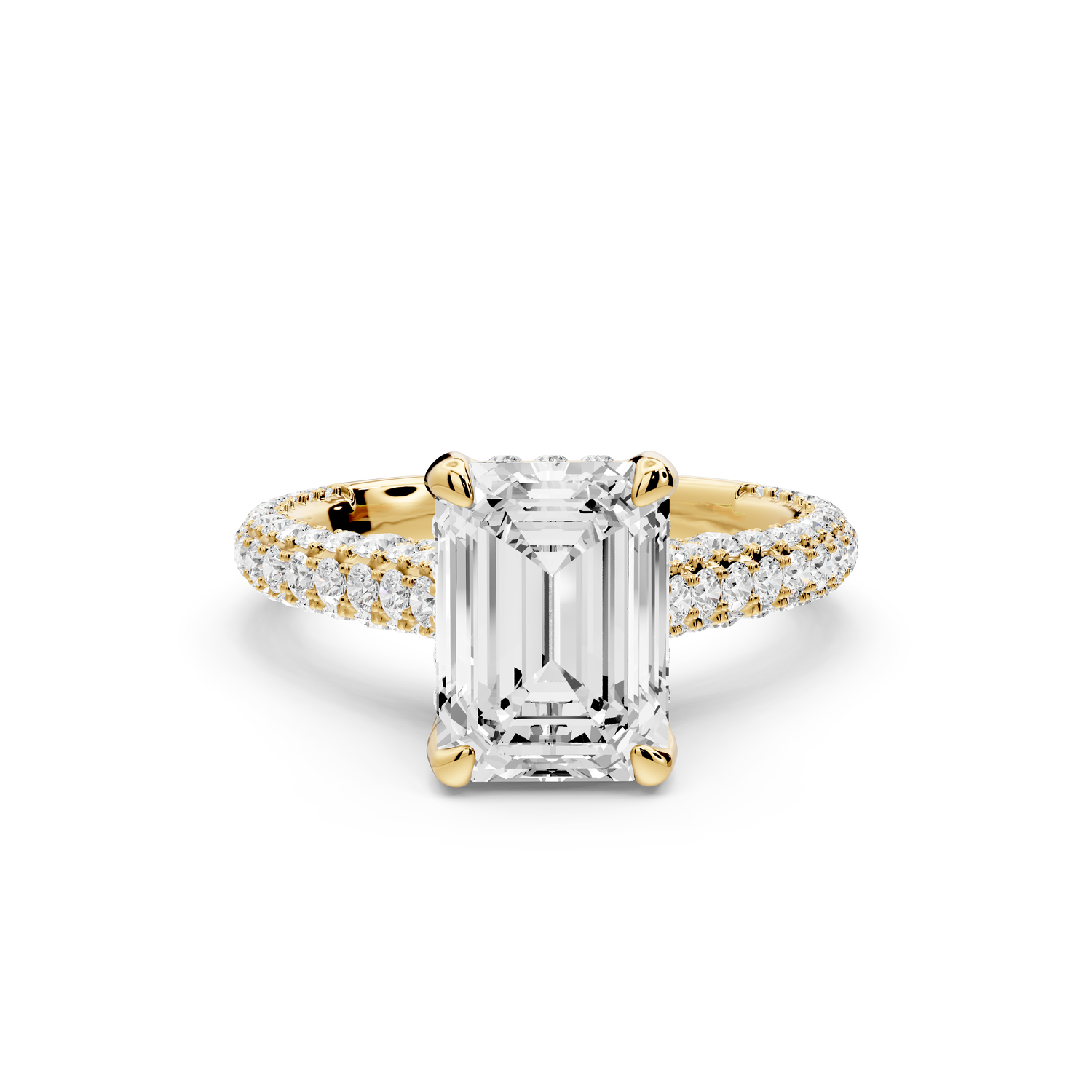Bianca - 2ct 14k yellow gold emerald Diamond hidden halo with a diamond crown and bridge rollover pave cathedral Engagement ring