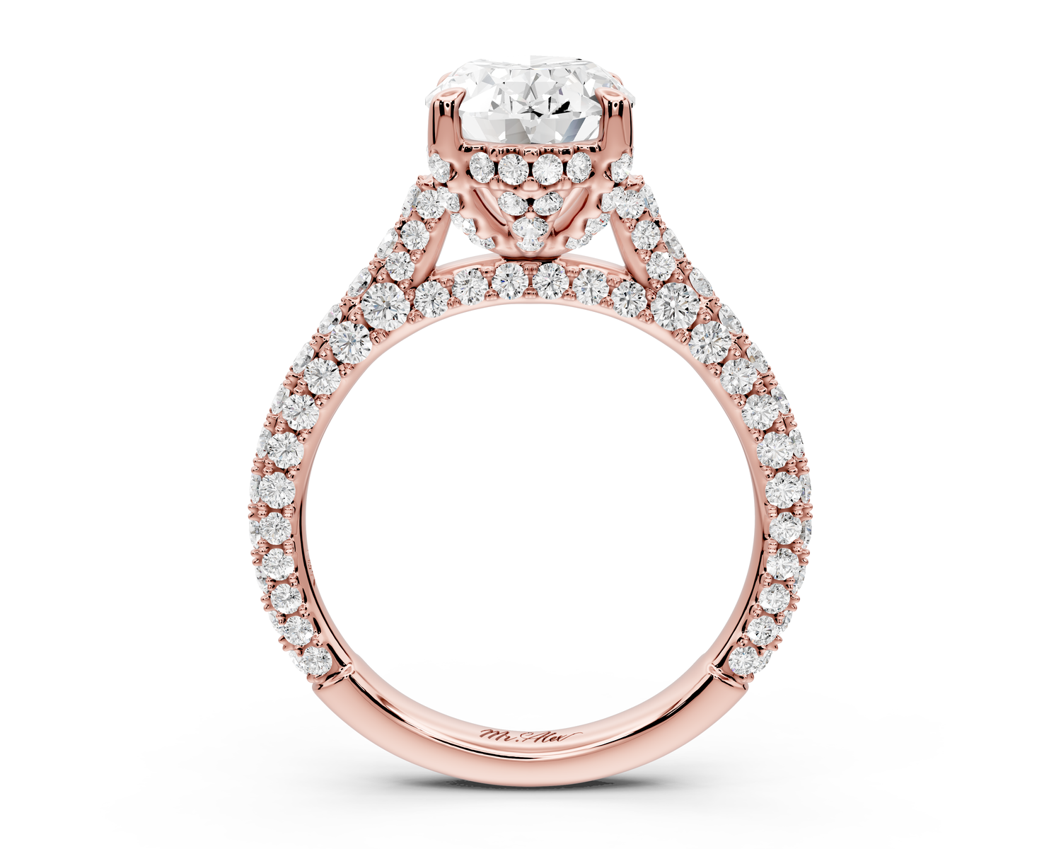 Bianca - 2ct 14k rose gold oval Diamond hidden halo with a diamond crown and bridge rollover pave cathedral Engagement ring