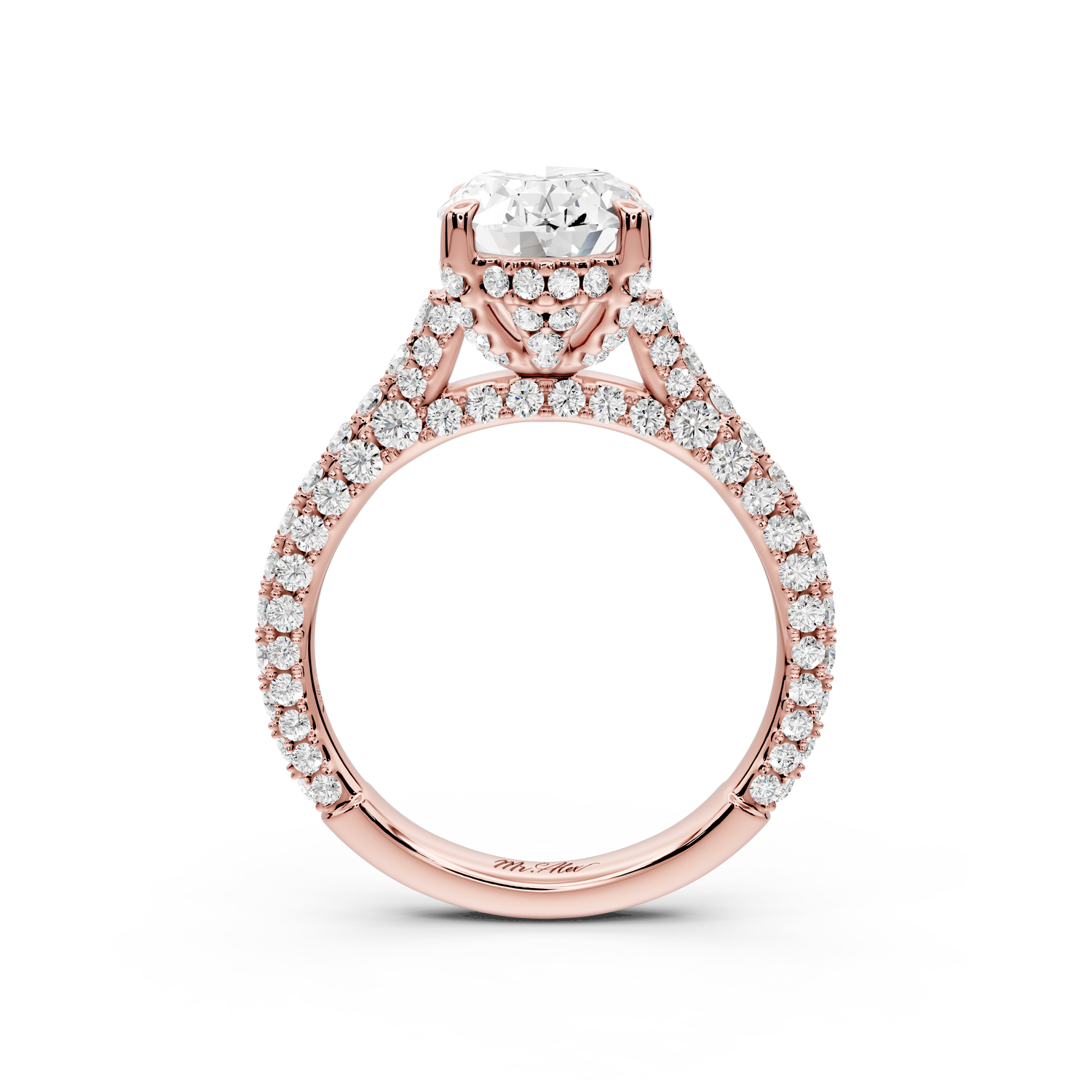 Bianca - 2ct 14k rose gold oval Diamond hidden halo with a diamond crown and bridge rollover pave cathedral Engagement ring
