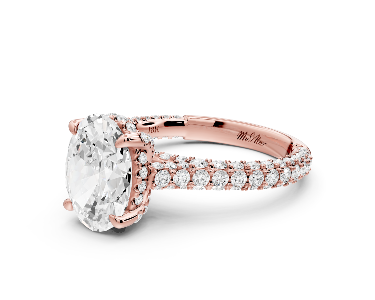 Bianca - 2ct 14k rose gold oval Diamond hidden halo with a diamond crown and bridge rollover pave cathedral Engagement ring