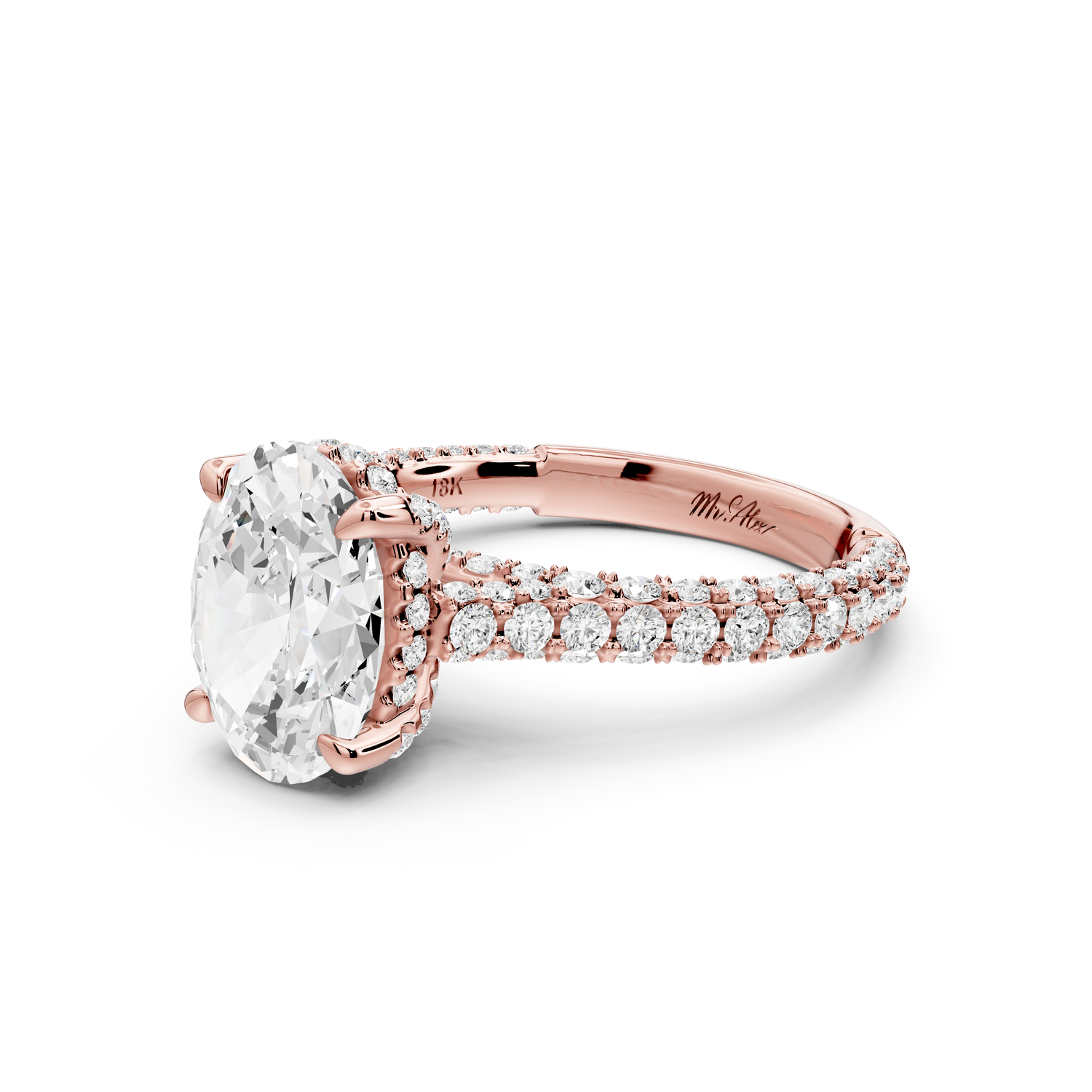 Bianca - 2ct 14k rose gold oval Diamond hidden halo with a diamond crown and bridge rollover pave cathedral Engagement ring