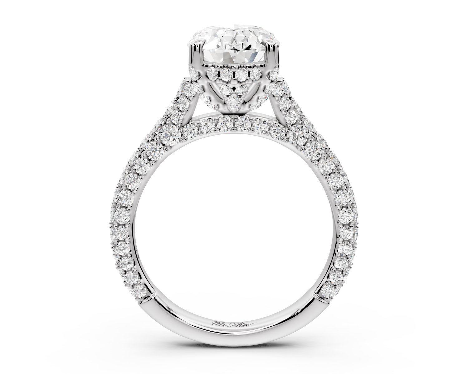Bianca - 2ct 14k white gold oval Diamond hidden halo with a diamond crown and bridge rollover pave cathedral Engagement ring