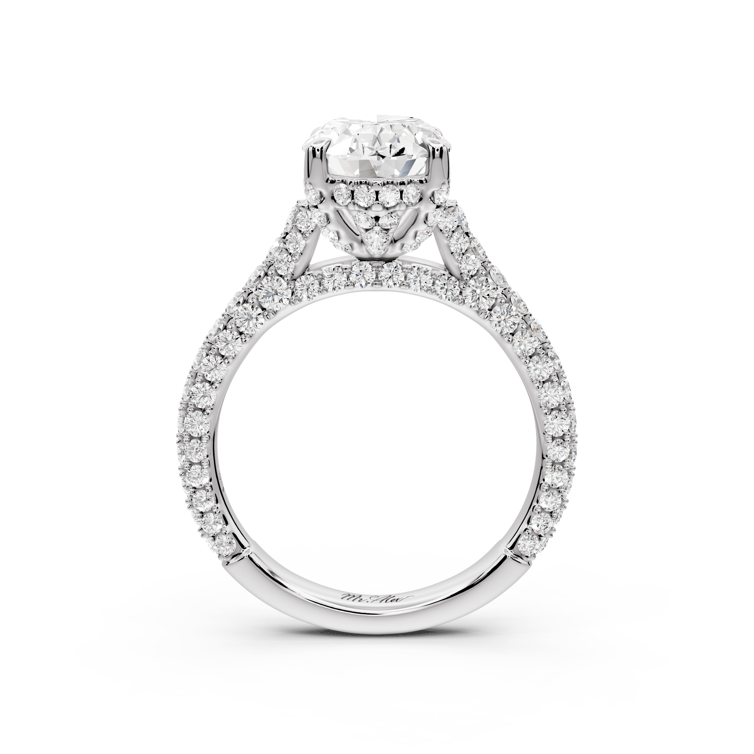 Bianca - 2ct 14k white gold oval Diamond hidden halo with a diamond crown and bridge rollover pave cathedral Engagement ring