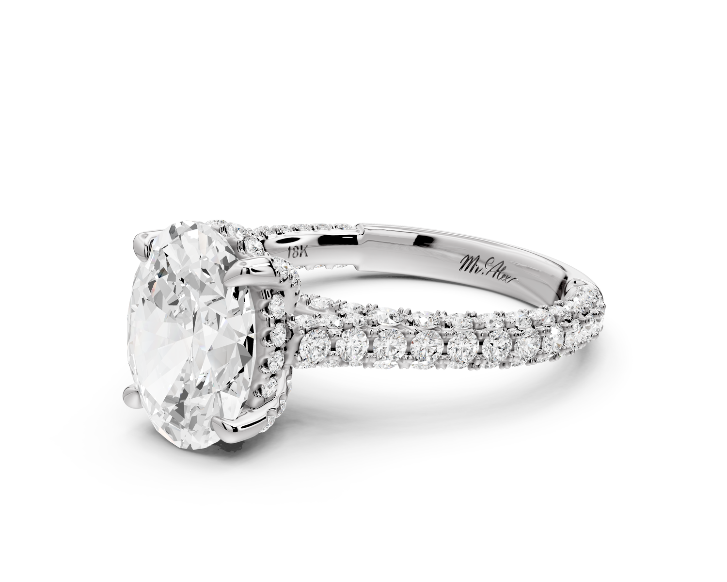 Bianca - 2ct 14k white gold oval Diamond hidden halo with a diamond crown and bridge rollover pave cathedral Engagement ring