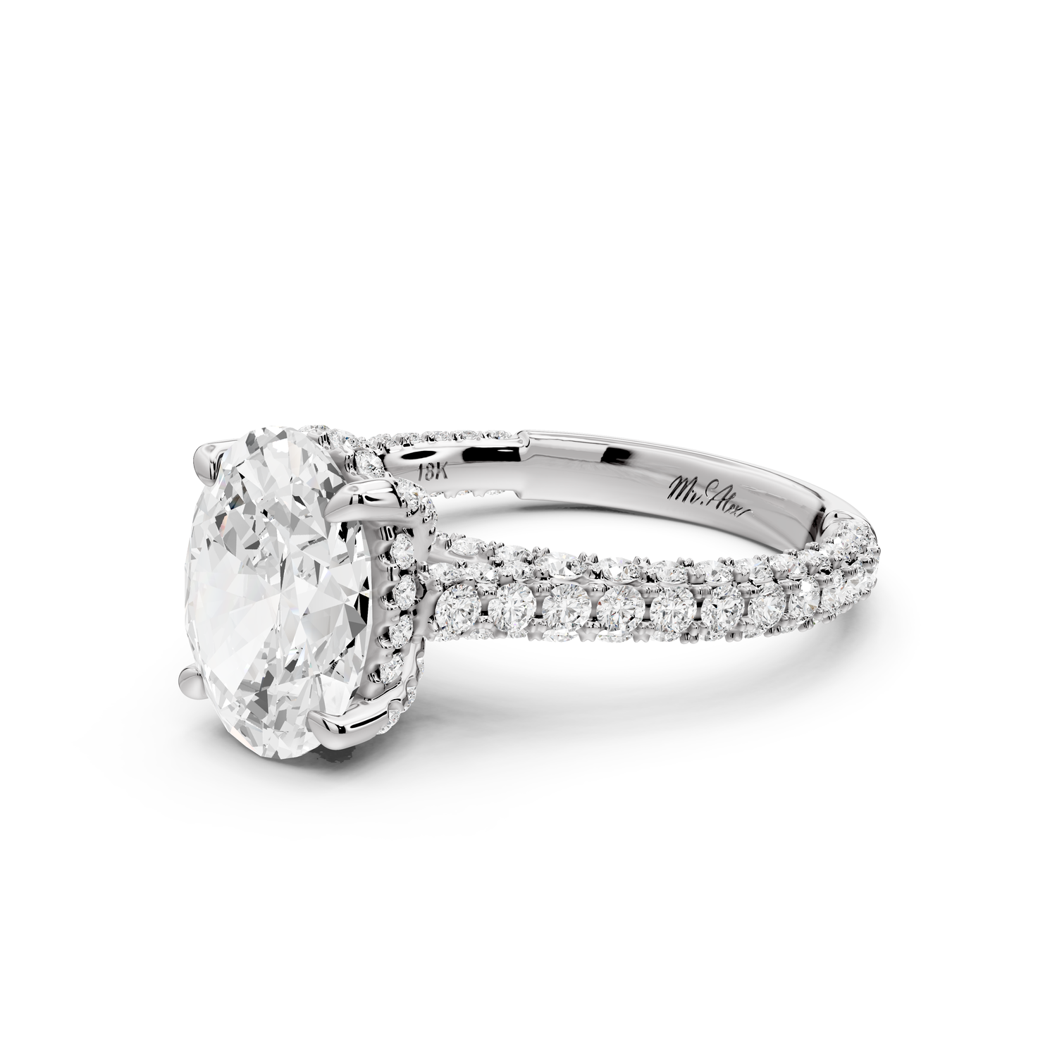Bianca - 2ct 14k white gold oval Diamond hidden halo with a diamond crown and bridge rollover pave cathedral Engagement ring