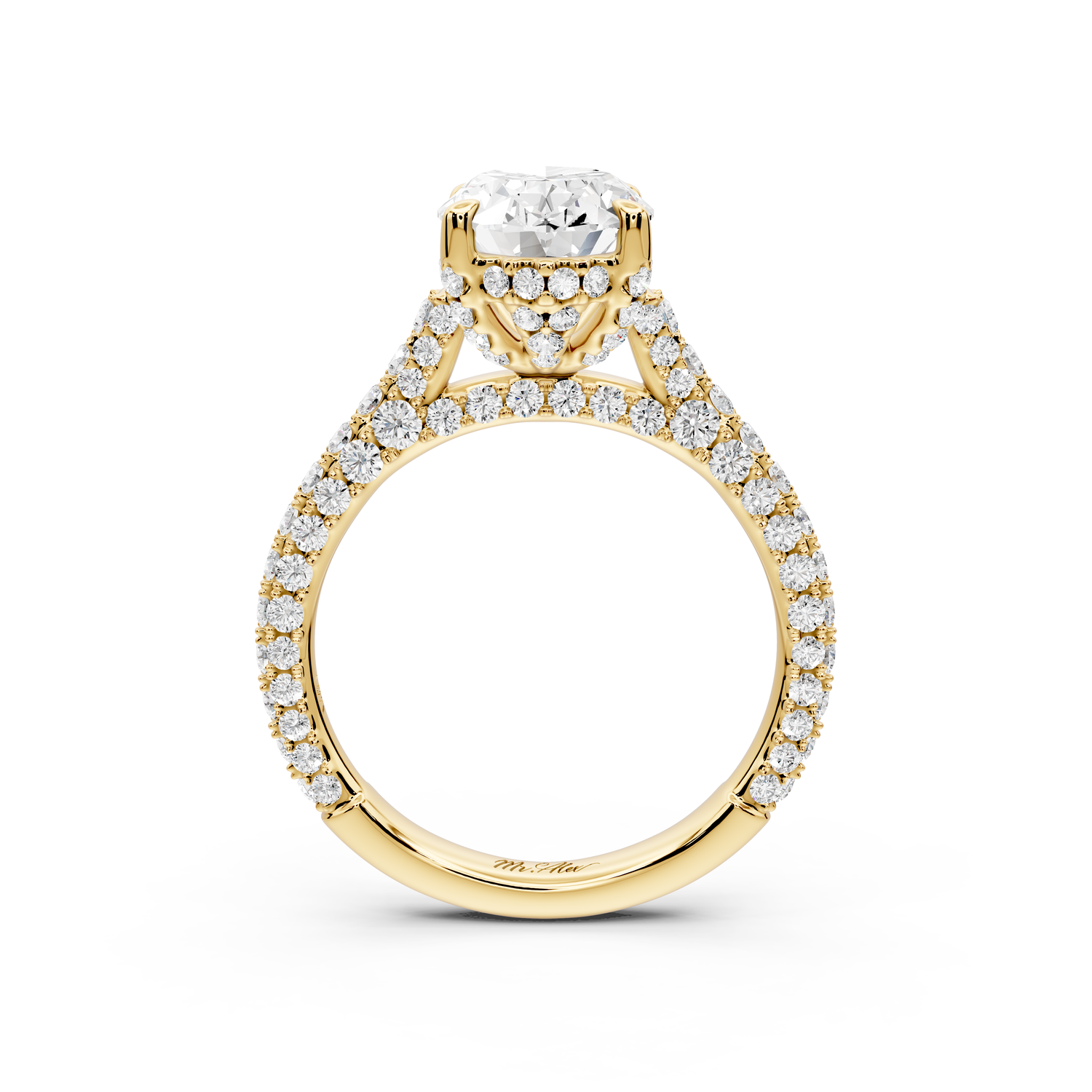 Bianca - 2ct 14k yellow gold oval Diamond hidden halo with a diamond crown and bridge rollover pave cathedral Engagement ring