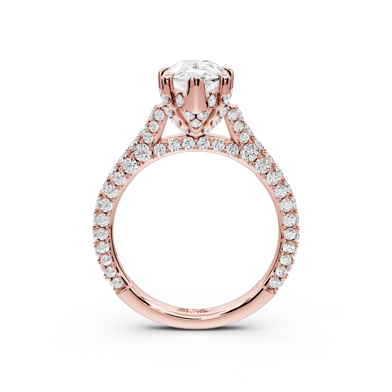 Bianca - 2ct 14k rose gold pear Diamond hidden halo with a diamond crown and bridge rollover pave cathedral Engagement ring