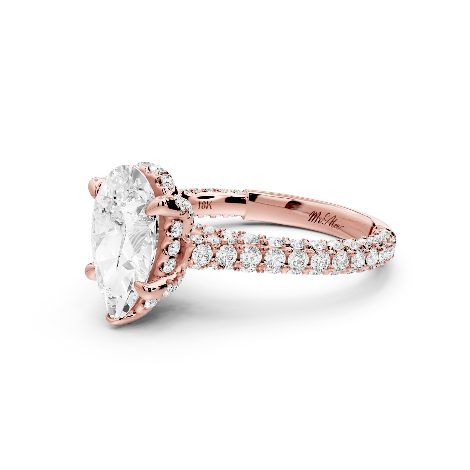 Bianca - 2ct 14k rose gold pear Diamond hidden halo with a diamond crown and bridge rollover pave cathedral Engagement ring