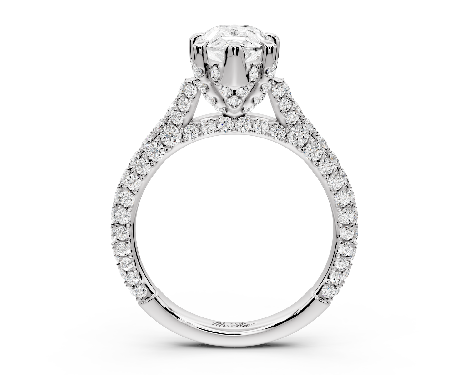 Bianca - 2ct 14k white gold pear Diamond hidden halo with a diamond crown and bridge rollover pave cathedral Engagement ring
