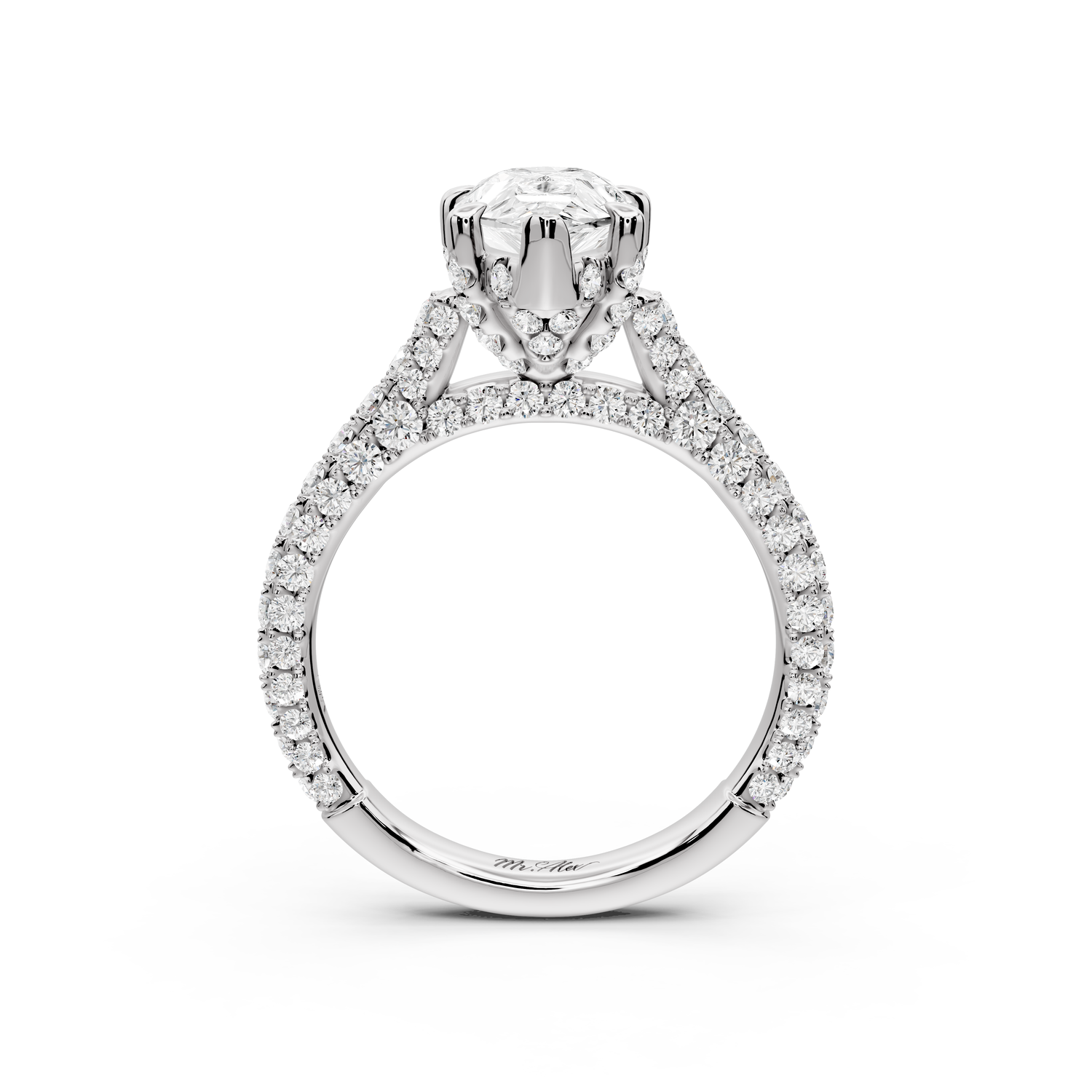 Bianca - 2ct 14k white gold pear Diamond hidden halo with a diamond crown and bridge rollover pave cathedral Engagement ring
