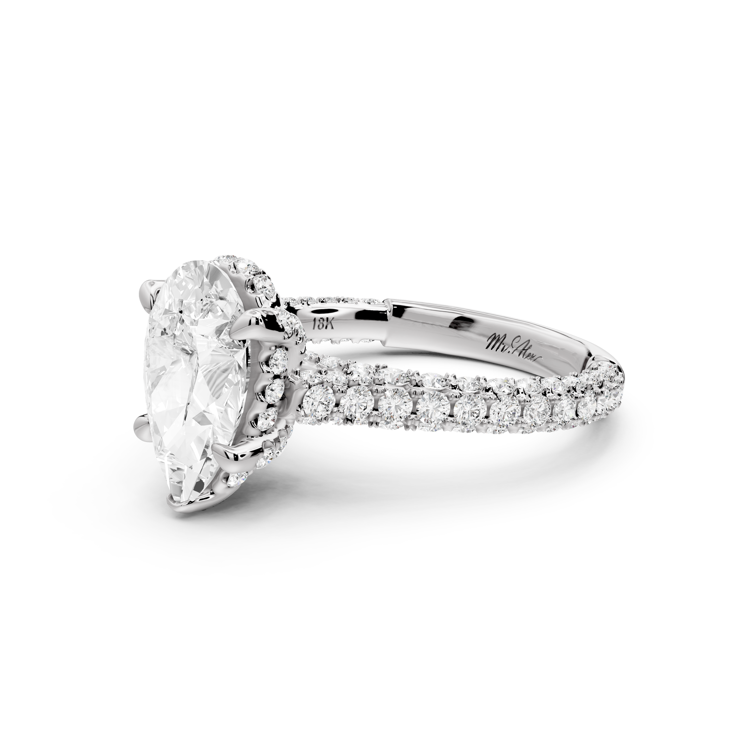 Bianca - 2ct 14k white gold pear Diamond hidden halo with a diamond crown and bridge rollover pave cathedral Engagement ring